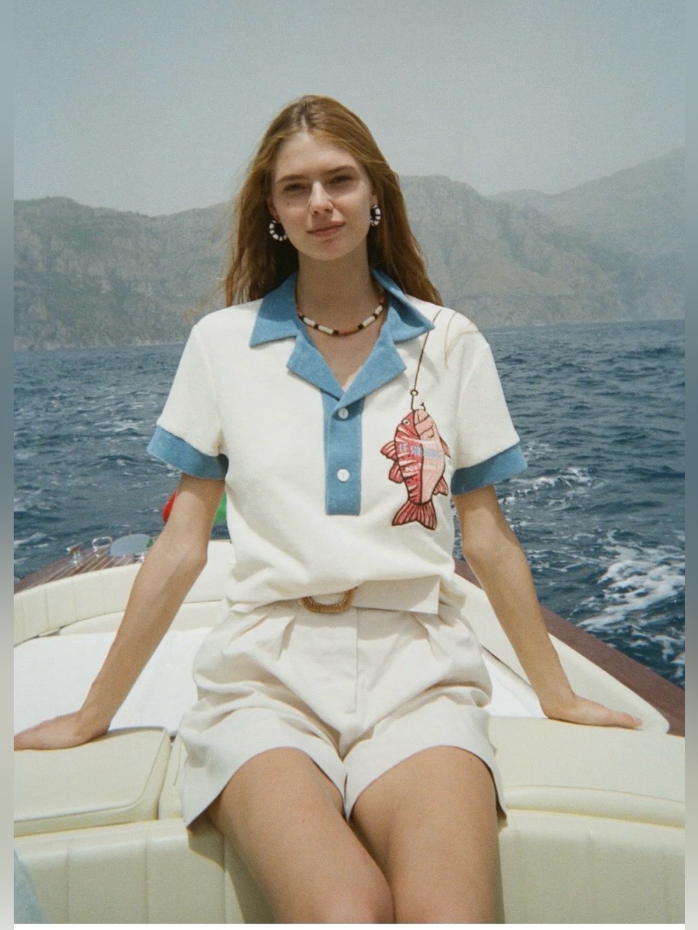 Tombolo x Le Sirenuse cotton terry fish pop over collar top unisex